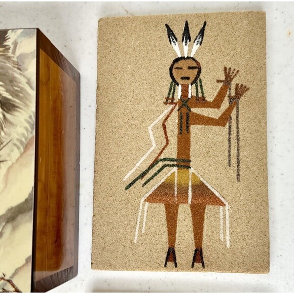 Set Of 3 Navajo Sand Painting Art 5 x 7 Signed designed Cedar Box - Picture 4 of 13